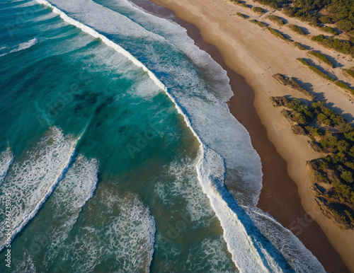 Aerial top view from drone of sandy beach with turquoise sea waves.