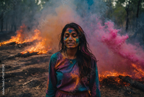 A happy young woman joy dances and at colourful Holi festival in India.