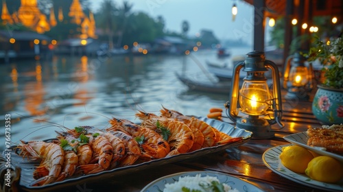 Indulge in a vibrant Thai seafood extravaganza with grilled jumbo river prawns and a delicious seafood platter  bursting with the taste of Thailand.