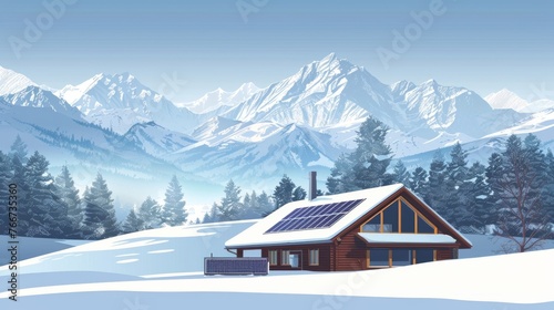 A snowy mountain range in the distance with a solar panelcovered roof of a cabin in the foreground. Despite the cold temperatures . AI generation.