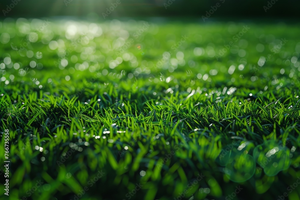 Dew-covered grass on soccer field, close-up view - obrazy, fototapety, plakaty 