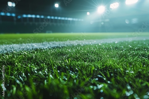 Close-up of soccer field under stadium lights