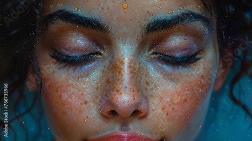A closeup of a persons face their eyes closed and a serene expression on their face as they experience a moment of transcendence and spiritual connection to the cosmic consciousness.