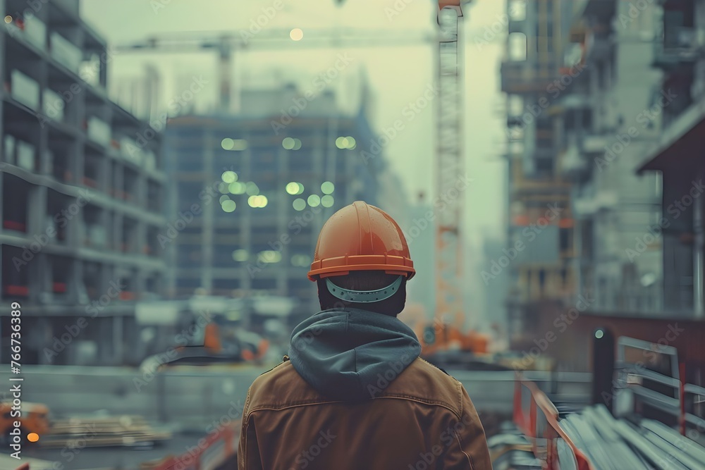 Supervising construction work at a construction site: a worker with a safety helmet and blurred background. Concept Construction Site Supervision, Worker with Safety Helmet, Blurred Background - obrazy, fototapety, plakaty 