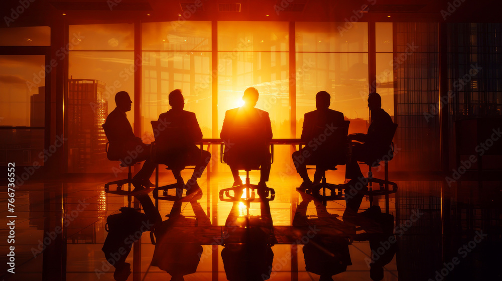 A group of men are sitting at a table in a conference room. A group of men are sitting at a table in a conference room.