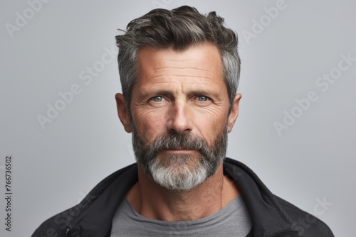 Portrait of handsome mature man with grey beard and mustache. Studio shot.