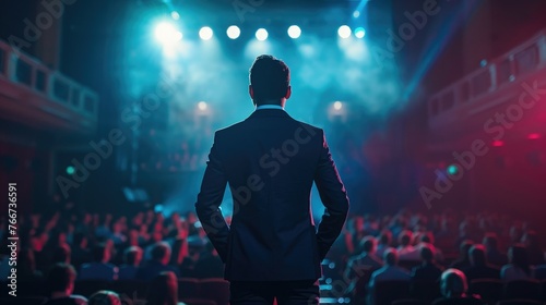 Rear view of motivational speaker standing on stage in front of audience in conference or business event © ISK PRODUCTION