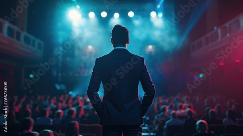 Rear view of motivational speaker standing on stage in front of audience in conference or business event