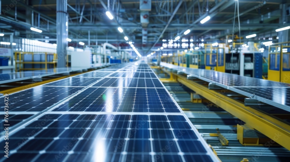 Fototapeta premium A large solar panel assembly line stretching across a vast factory floor with various machines and conveyor belts working together . AI generation.