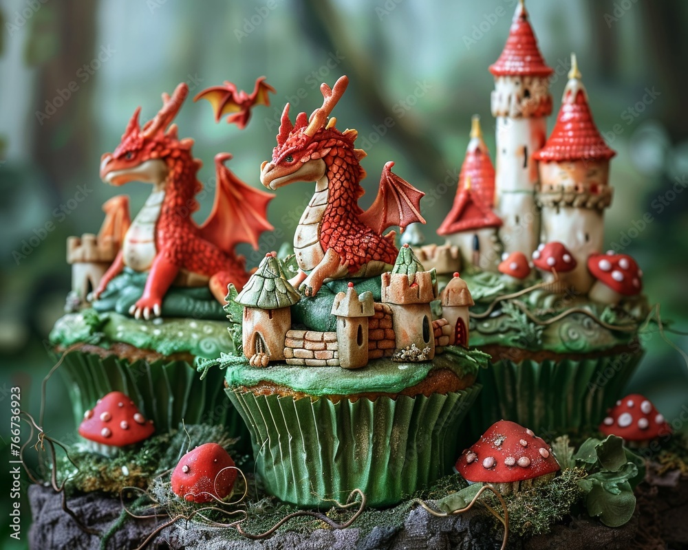 Naklejka premium Fantasy themed childrens cupcakes, dragons and castles, magical forest backdrop, wide view ultra HD