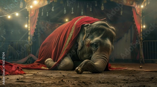 Sad elephant wearing clothes suffering in circus captivity photo