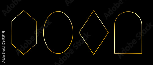 Golden thin frames set. Gold geometric borders in art deco style. Thin linear diamond, ellipse, arch, rhombus collection. Yellow glowing shiny boarder element pack. Vector bundle for photo, cadre