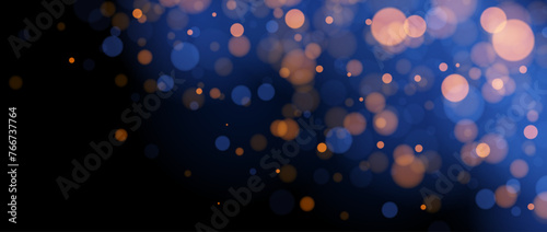 Blurred gold bokeh on blue background. Golden blur light effect wallpaper. Abstract shiny glitter, sparks, dust, sparkles. Vector glowing navy backdrop for Christmas, New Year, birthday card, banner