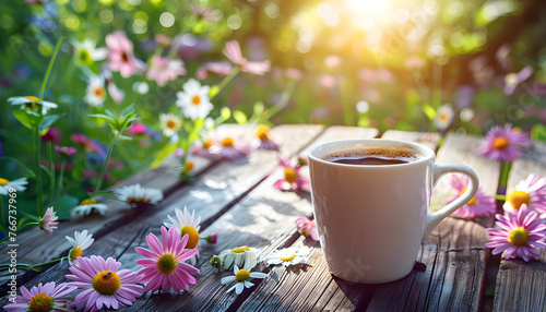 A calm and relax coffee scene with hot beverage in a cup on a wooden table with flowers in spring season. Perfect for morning drinks and tranquility.