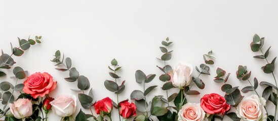 Arrangement of flowers with roses and eucalyptus branches on a white backdrop. Flat lay design with a top-down view and space for text.