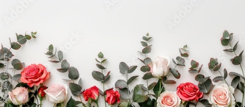 Arrangement of flowers with roses and eucalyptus branches on a white backdrop. Flat lay design with a top-down view and space for text.