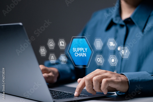 SCM, supply chain management concept, Logistic and transport, organizing and controlling resources to meet the needs of customers. Businessman use laptop with supply chain icon on virtual screen.