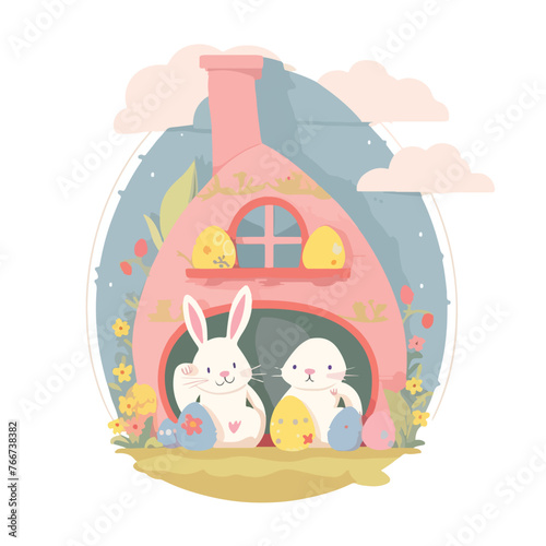 Happy easter house card with three bunnies peeking