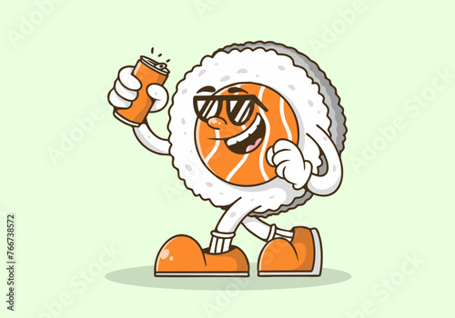 Mascot character illustration of walking sushi holding a beer can. Orange color