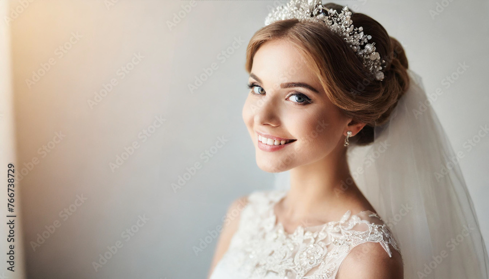 bride with tiara, symbolizing purity and elegance, on a pristine background