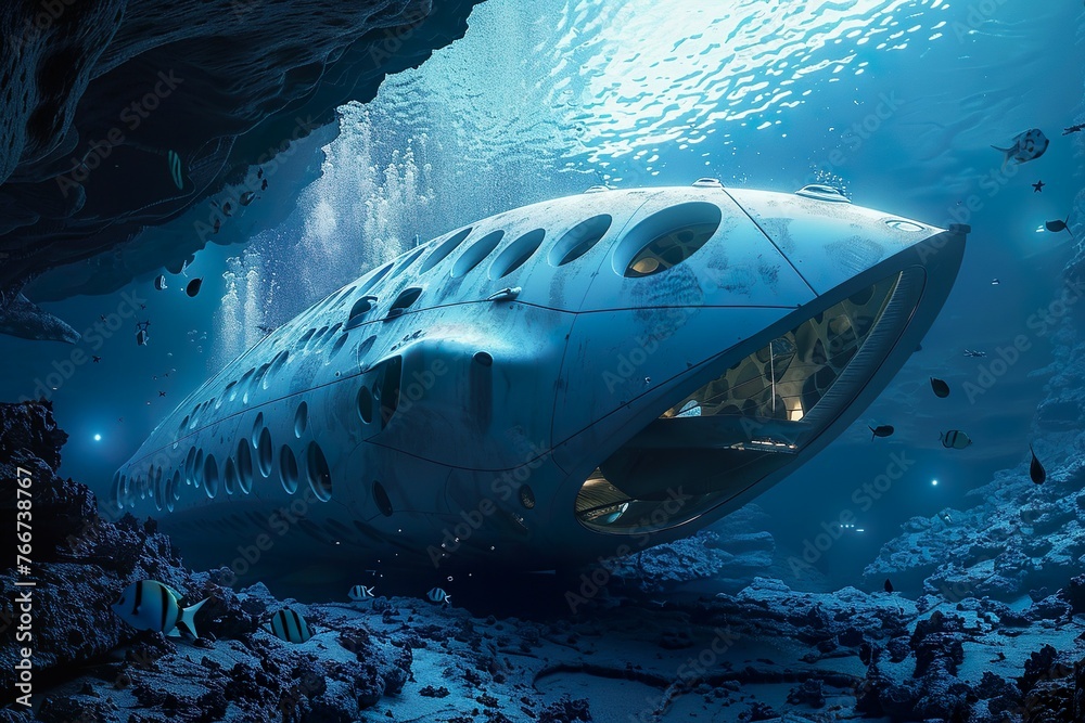 Fototapeta premium Futuristic underwater habitat exploring marine life in the deep sea