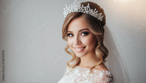 bride with tiara, symbolizing purity and elegance, on a pristine background