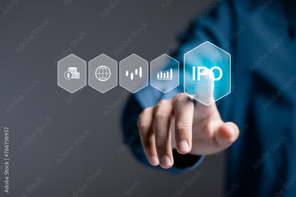IPO, Initial public offering concept. Businessman touching IPO word with icons on virtual screen for boosting the growth by IPO process. IPO, Initial public offering concept. Businessman touching IPO word with icons on virtual screen for boosting the growth by IPO process.