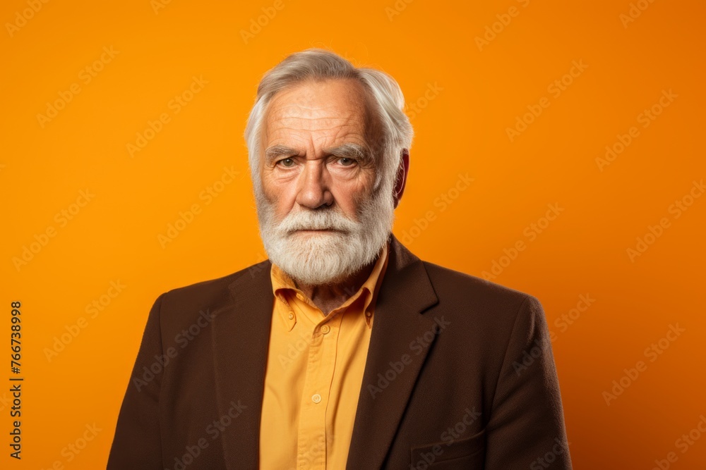 Portrait of senior man with grey beard and mustache on orange background Portrait of senior man with grey beard and mustache on orange background