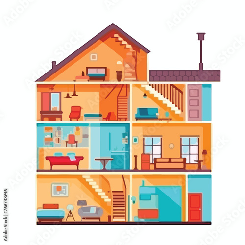 House in cut. Detailed modern house interior. Rooms