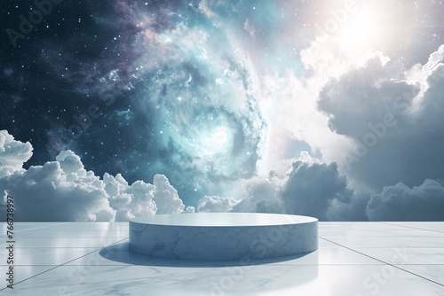 Abstract modern white display podium float beautiful fantasy outer space galaxy planet dark black and white clouds. Pedestal advertising product. concept universe stars cosmos. Copy space. Soft focus. photo