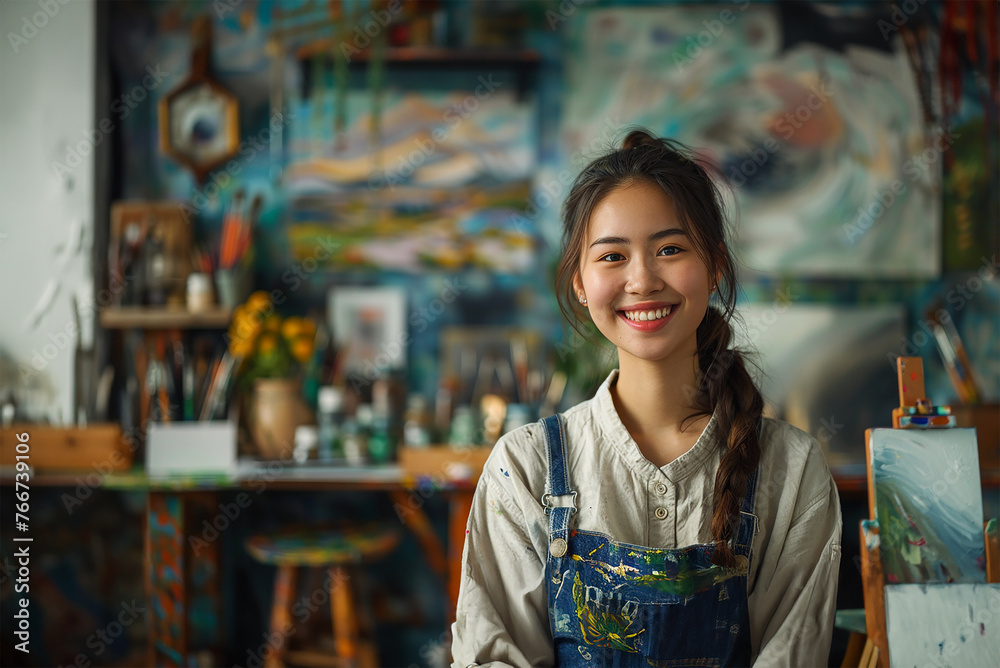 Woman in art studio, happily working