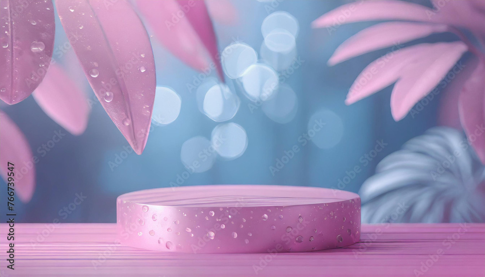 Podium with tropical bright leaves for product presentation and on colorful background. Generative AI Podium with tropical bright leaves for product presentation and on colorful background. Generative AI