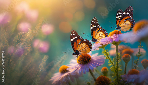butterflies on flowers in a garden backlight, symbolizing beauty and transformation © Your Hand Please