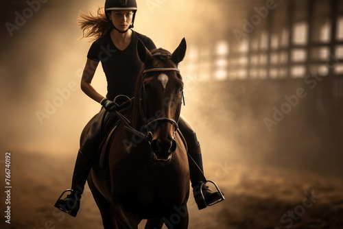 girl riding a horse kicks the horse out of the hangar for a run