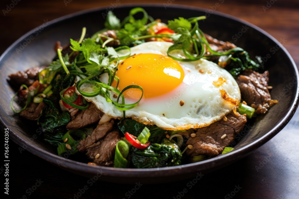 Beef and basil with fried egg, thai food Beef and basil with fried egg, thai food