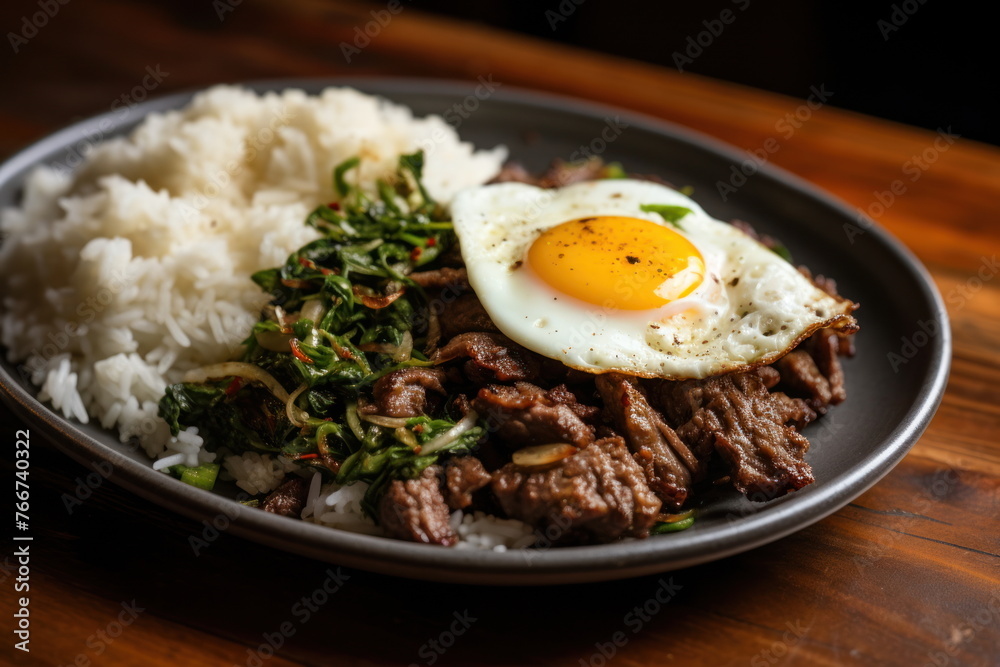 Beef and basil with fried egg, thai food Beef and basil with fried egg, thai food