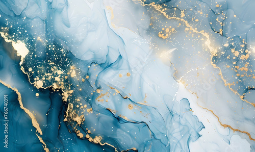 abstract background, blue and white marble texture background with cracked gold details, Generative AI © simba kim