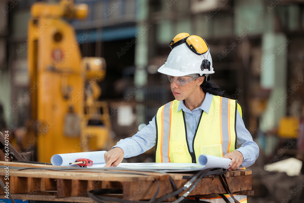 Portrait of railway technician worker in safety vest and helmet working with blueprint at train repair station Portrait of railway technician worker in safety vest and helmet working with blueprint at train repair station