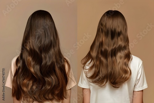 Before and after photo of a womans hair transformation after a keratin treatment in a studio. Concept Hair Transformation, Keratin Treatment, Studio Photoshoot, Before and After Comparison