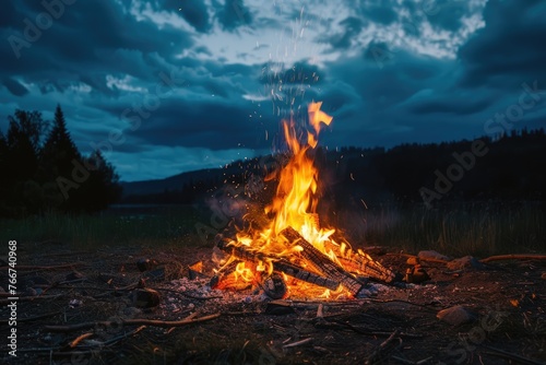 Campfire at night. Flames of fire against cloudy sky. Bonfire in the country. AI Generated