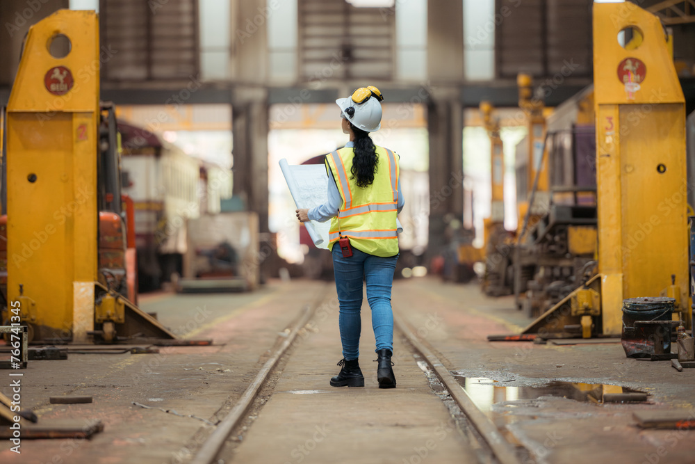 Portrait of railway technician worker in safety vest and helmet working with blueprint at train repair station Portrait of railway technician worker in safety vest and helmet working with blueprint at train repair station