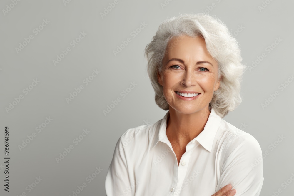 smiling senior woman in white shirt looking at camera over grey background smiling senior woman in white shirt looking at camera over grey background