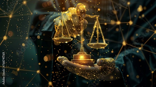 Court of Law and Justice Trial Session Imparcial Honorable Judge Pronouncing Sentence, striking Gavel. Focus on scales of justice ,Mallet, Hammer. Attorney lawyers in the digital consultant. hologram.