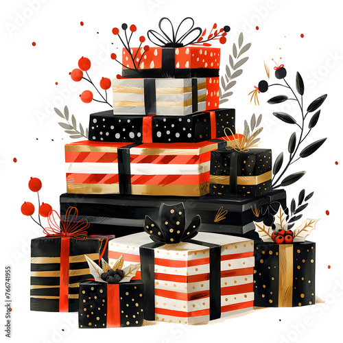 Stack of Christmas presents wrapped in red, white, and gold paper inspired by a festive pattern. Construction set toys, toy blocks, Legos, and other toys peek out from the wrapping