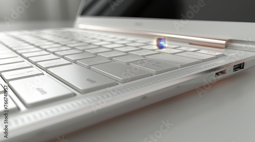 A close - up of a minimalist laptop keyboard with clean lines and industrial materials, highlighting the elegance of technology 