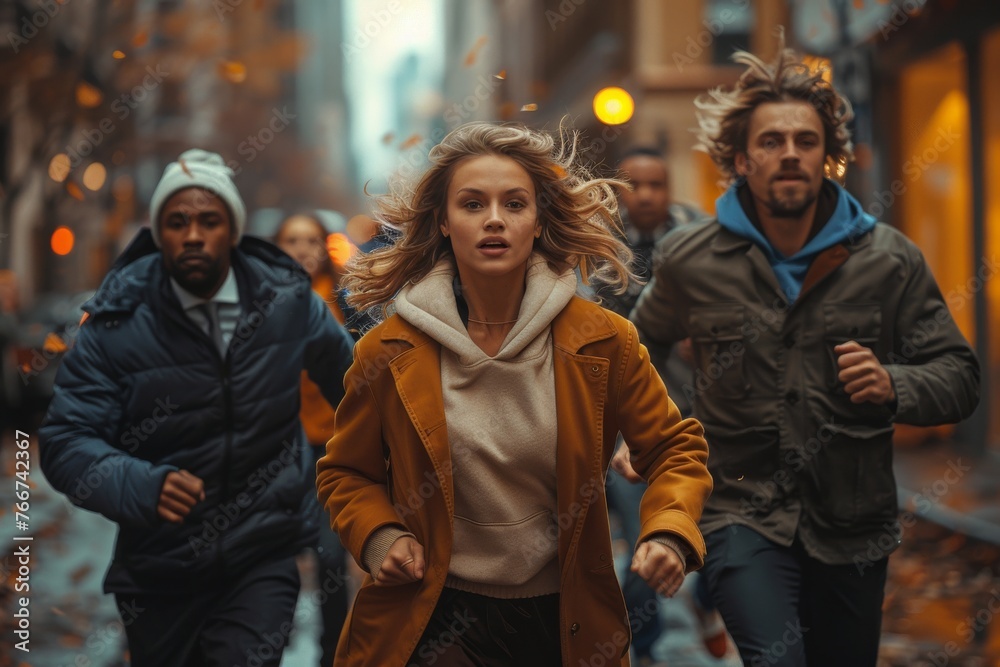 businesswomen running through the city, their movement accentuated by explosive bursts of color. businesswomen running through the city, their movement accentuated by explosive bursts of color.