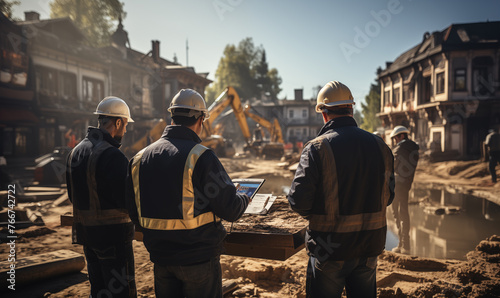 Construction professionals using tablet to discuss real estate project at construction site on sunny day. (Available for various construction-related photos).