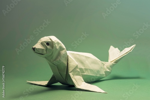 origami Seal on pastel green background photo