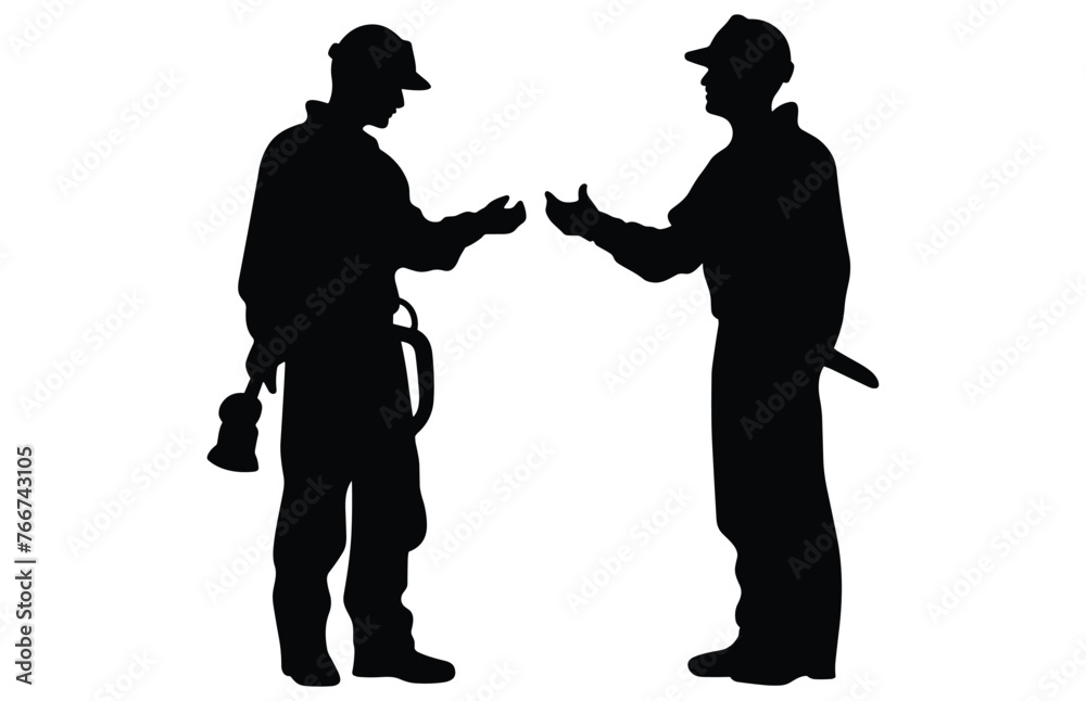 Fireman and plumber silhouette, plumber wearing uniforms silhouette
