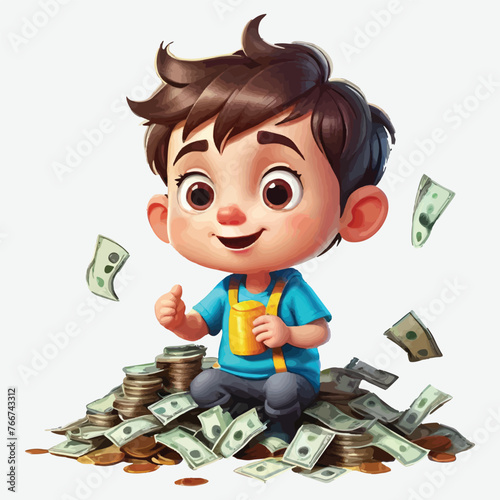 clipart kid saving money, vector isolated
